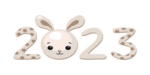 2023 new year. Horoscope sign Rabbit. Design 2023. Cute illustration in cartoon style, Baby bunny. Rabbit head instead of number 0. Pastel beige colors and brown polka dots. Chinese horoscope