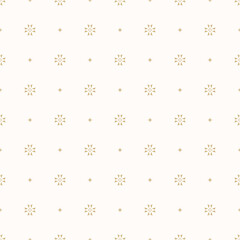 Vector minimalist floral background. Simple golden geometric seamless pattern with tiny flower silhouettes, small stars, crosses. Luxury gold and white abstract texture. Repeat modern minimal design