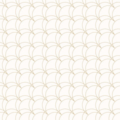 Vector geometric seamless linear pattern. Art deco style background with thin golden curved lines, fish scale ornament, diagonal grid, lattice. Gold and white abstract texture. Luxury repeat design