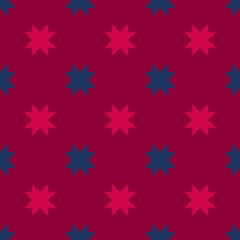 Vector geometric seamless pattern with flower silhouettes, crosses. Simple abstract floral ornament. Christmas vintage background. Texture in red and dark blue color. Elegant repeat decorative design