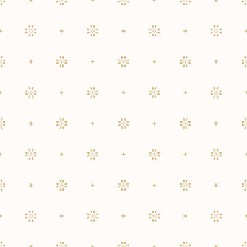 Vector Minimalist Floral Background. Simple Golden Geometric Seamless Pattern With Tiny Flower Silhouettes, Small Stars, Crosses. Luxury Gold And White Abstract Texture. Repeat Modern Minimal Design