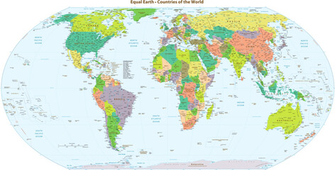 Naklejka na ściany i meble High details political world map equal earth projection