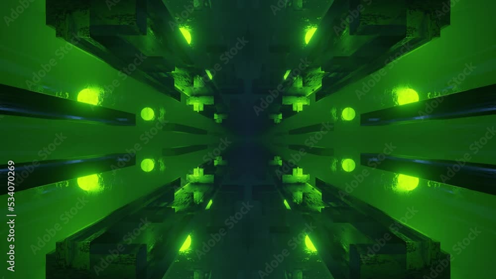 Poster fly through symmetrical technology cyberspace with neon glow. sci-fi flight through hi-tech technolo