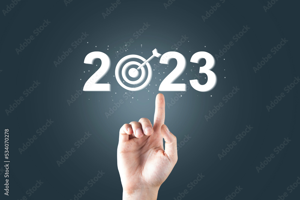 Poster 2023 and target icon on virtual screen.
