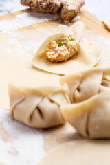preparing dumplings or gyosas on a white kitchen table, you can see the chicken filling of one of them and the ingredients such as ginger