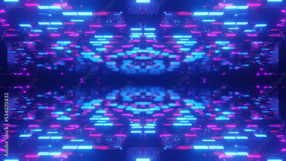 Poster fly through symmetrical technology cyberspace with neon glow. sci-fi flight through hi-tech technolo