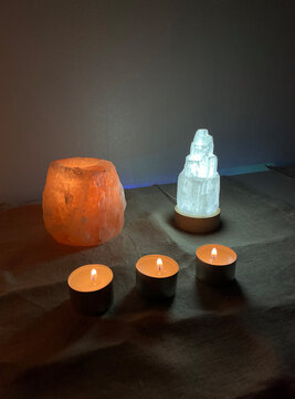 Background ritual healing, stones, candles. The practice of magic spells and cleansing. Witchcraft