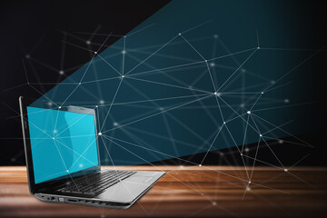 Digital marketing, icons and network next to laptop