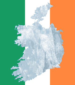 Outline map of Ireland with the image of the national flag. Ice inside the map. Collage. Energy crisis.