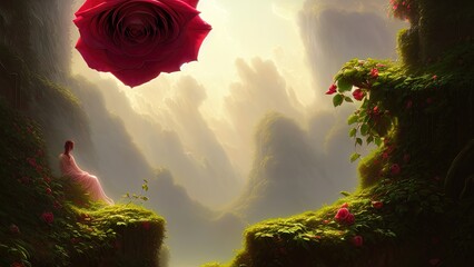 Fantasy landscape, majestic garden with roses. 3D illustration