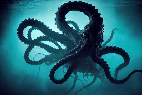 Large octopus squid monster, sea creature painting