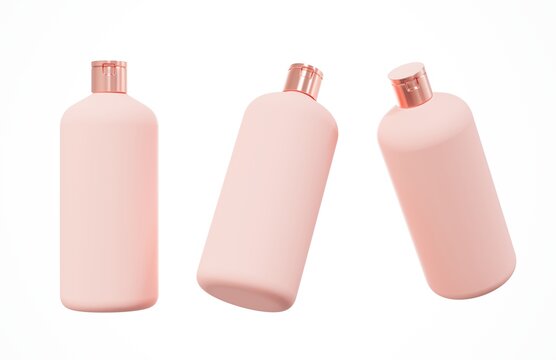 Different views of pink plastic shampoo bottle 3D render isolated on white background, cosmetic hair care product design concept and branding ready mockup