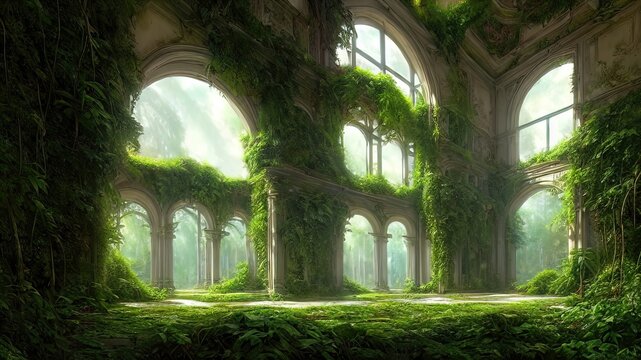 A garden in a majestic architectural building with large stained glass windows and arches. Mystical and mysterious rooms in green plants. Fantasy interior, exterior inside the building. 3D 