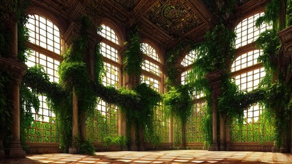 Fototapeta premium A garden in a majestic architectural building with large stained glass windows and arches. Mystical and mysterious rooms in green plants. Fantasy interior, exterior inside the building. 3D 