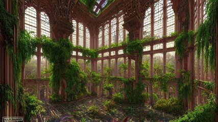 Fototapeta na wymiar A garden in a majestic architectural building with large stained glass windows and arches. Mystical and mysterious rooms in green plants. Fantasy interior, exterior inside the building. 3D 
