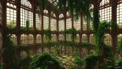 A garden in a majestic architectural building with large stained glass windows and arches. Mystical and mysterious rooms in green plants. Fantasy interior, exterior inside the building. 3D 