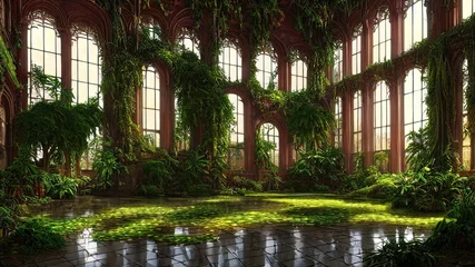 Foto op Canvas A garden in a majestic architectural building with large stained glass windows and arches. Mystical and mysterious rooms in green plants. Fantasy interior, exterior inside the building. 3D  © MiaStendal