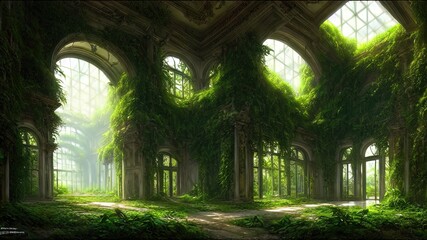 Obraz premium A garden in a majestic architectural building with large stained glass windows and arches. Mystical and mysterious rooms in green plants. Fantasy interior, exterior inside the building. 3D 