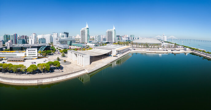 Aerial footage of Park of The Nations in Lisbon (Parque das Na&ccedil;&otilde;es)