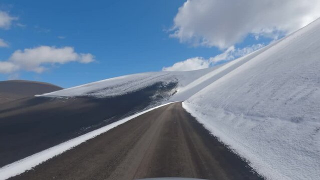 Viajando por un camino de tierra ripio con montañas nevadas, cielo azul y nubes. Imagen desde el techo de una camioneta con una camara de acción