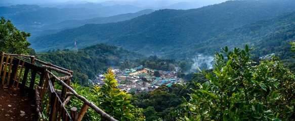 top view landscape of mountain village on Doi Pui Mountains in sunset sky and clouds, Chiangmai, Thailand