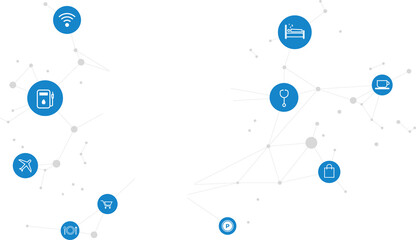 Vector Travel Network Pin mark polygon dot connected line: concept of travel route, location, journey