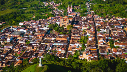 Jerico aerial view of small little traditional Colombian town in the andes mountains travel destination from medellin