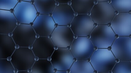 Fototapeta premium Spheres shredded into fine hexagonal atoms of metallic titanium under dark blue background. Concept 3D CG of strength analysis, blockchain information technology and social human relations.