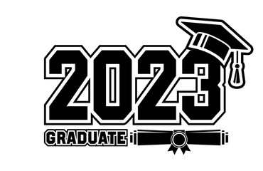 2023 class graduate - mission complete. The concept of decorate congratulation for school graduates. Design for t-shirt, flyer, invitation, greeting card. Illustration, vector