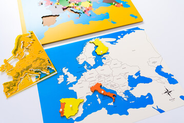 Educational map of Europe in which students learn geography Montessori style.