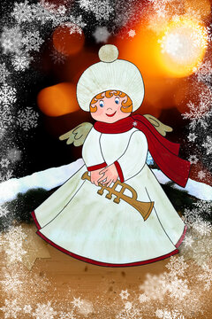 Christmas angel framed with snow crystals holds trumpet in hand. Bokeh background.