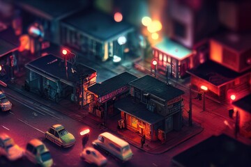 Isometric neon night city. City navigation, street map. Dark streets, illuminated signs, advertising, city roads and buildings. 3D illustration