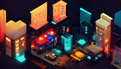 Fototapeta premium Isometric neon night city. City navigation, street map. Dark streets, illuminated signs, advertising, city roads and buildings. 3D illustration