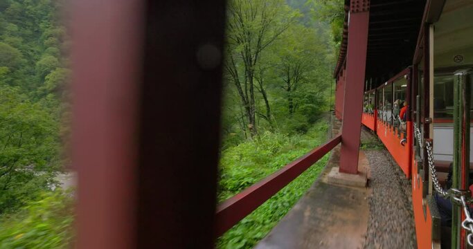 黒部峡谷を走るトロッコ列車からの景色