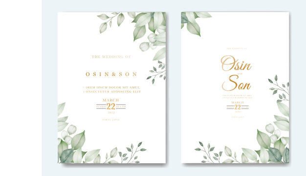 Watercolor wedding invitation card in green leaves 
