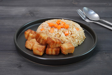 Vegetarian Japanese fried rice with plant based Chashu pork. Vegetarian food. Vegetarian festival