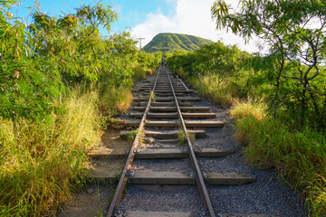 Obraz premium Rail track climbing uphill on the steep slopes of a volcano on Koko Crater Railway Trail in the suburbs of Honolulu on O'ahu island, Hawaii