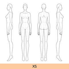 Set of XS size Women Fashion template 9 nine head Croquis Lady model skinny body with main lines figure front, side, back view. Vector outline isolated girl for Fashion Design, technical drawing