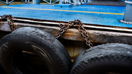 car tire with a metal chain on a old concrete sea pier,old truck tires at the pier.tire bumpers