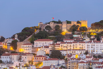 Fototapeta premium Lisbon, Portugal skyline at Sao Jorge Castle during sunset