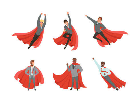 Cheerful businessmen superheroes in suits and red cloaks set cartoon vector illustration
