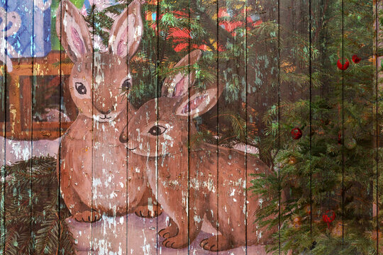 Abstract Christmas scene with bunny and Christmas tree on old peeled wooden wall background.