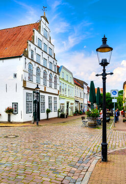 Historic houses in the idyllic old town of Friedrichstadt, Germany