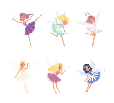 Cute beautiful little winged fairies set. Lovely girls with wings in colorful dresses cartoon vector illustration