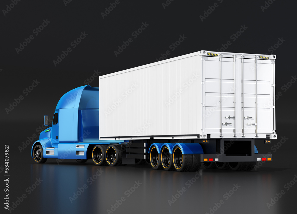 Poster rear view of blue heavy truck with reefer container on black background. cold chain concept. 3d rend