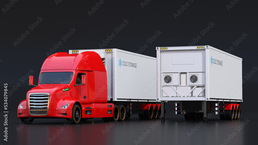 Poster red electric truck with reefer container and single container trailer on black background. cold chai