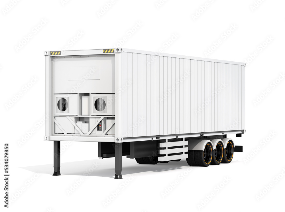 Poster semi-trailer container with air condition cooling system on white background. 3d rendering image.