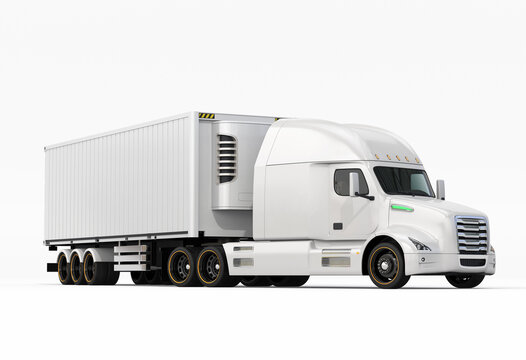 White fuel cell powered heavy truck with reefer container on white background. Cold chain concept. 3D rendering image.