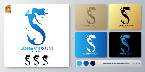 Mermaid vector illustration Logo design. Blank name for insert your Branding. Designed with examples for all kinds of applications. You can used for company, indentity, water park, beauty shop.