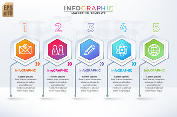 Infographic VECTOR business design hexagon icons colorful template. 5 options or steps isolated minimal style. You can used for Marketing process, workflow presentations layout, flow chart, print ad.